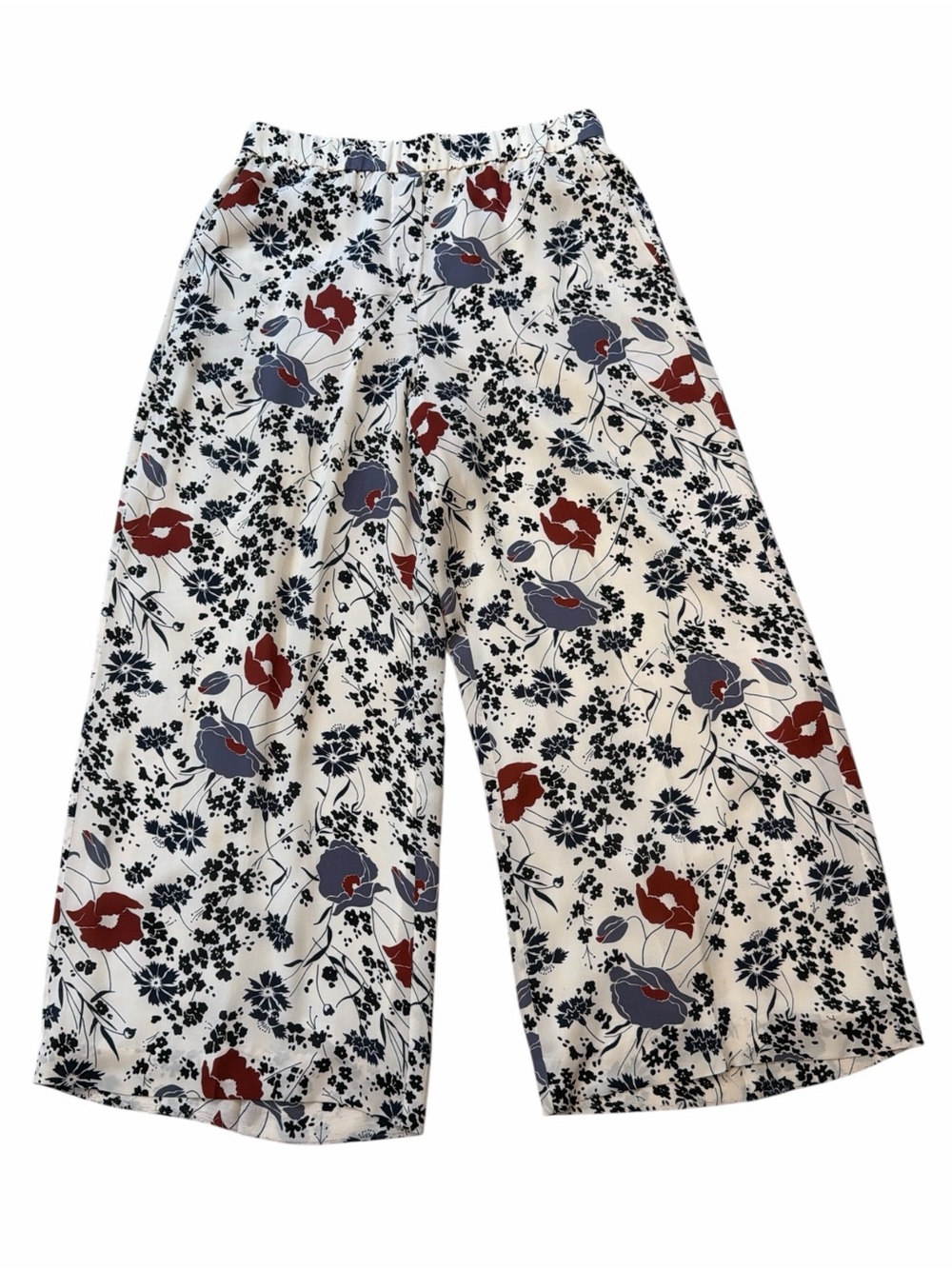 Theory Silk Wide Leg Floral Print Cropped Pants in Ivory, Navy & Rust